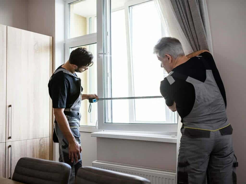Two men measuring a window for curtains.