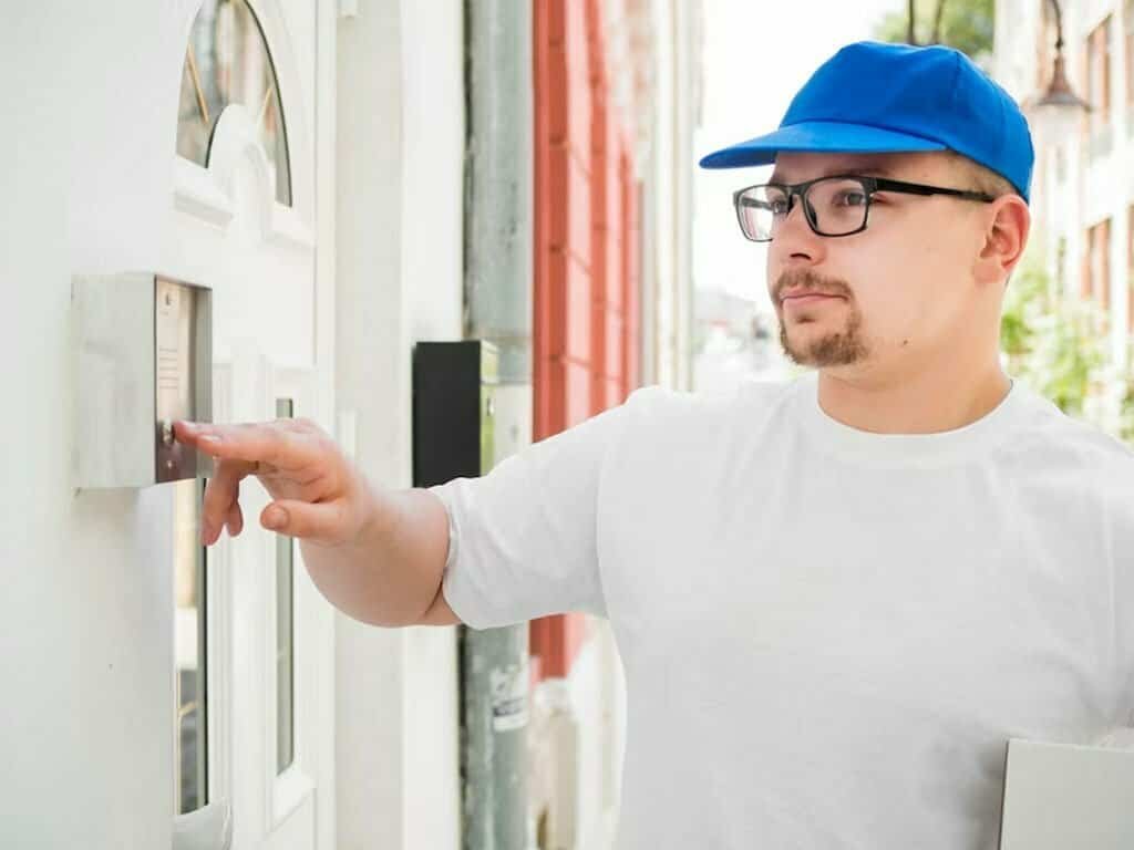 Man in blue cap and white shirt ringing a doorbell.