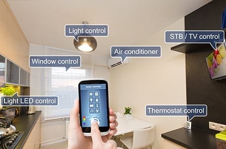 A smartphone app is controlling various smart home devices in a room.