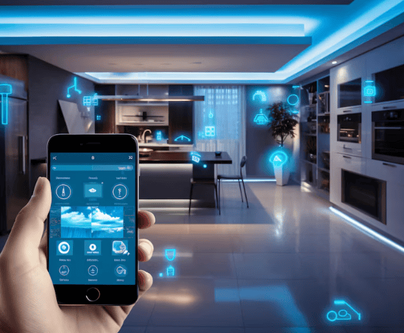 Hand holding a smartphone controlling a futuristic smart home with blue digital overlays.