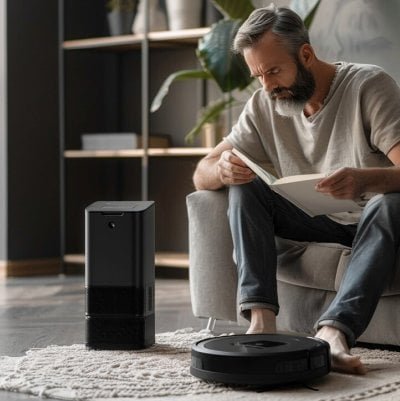 Man reading on chair with robot vacuum and dock nearby.