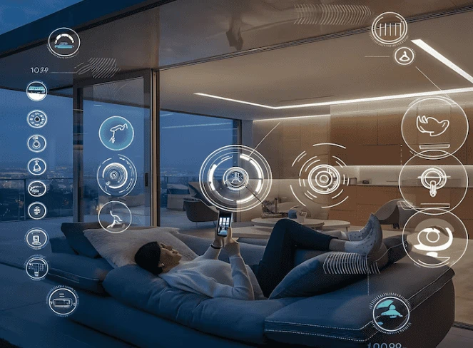 Woman on couch controlling smart home with phone and digital interface.