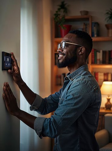 Smiling man adjusting a smart thermostat.
