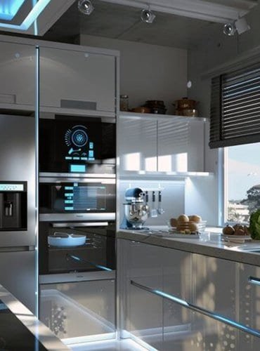 Modern kitchen with built-in smart appliances.