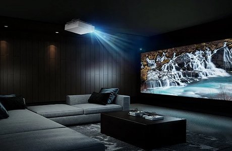 home theater with a projector displaying