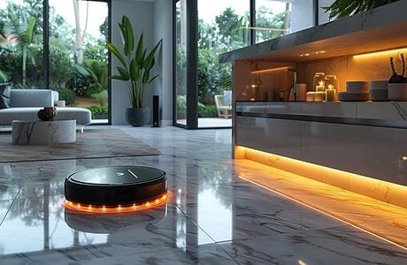 Robot vacuum with orange lights cleaning a modern living room.