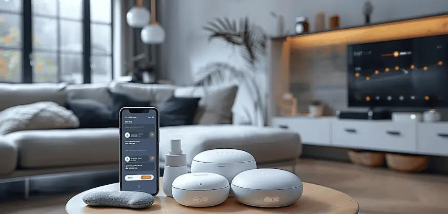 Smart home devices and phone with app on coffee table.