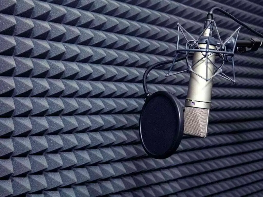 A gold studio microphone with a pop filter is positioned in a room with black acoustic foam on the walls.