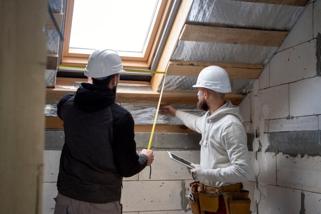 Two construction workers measuring near a skylight.